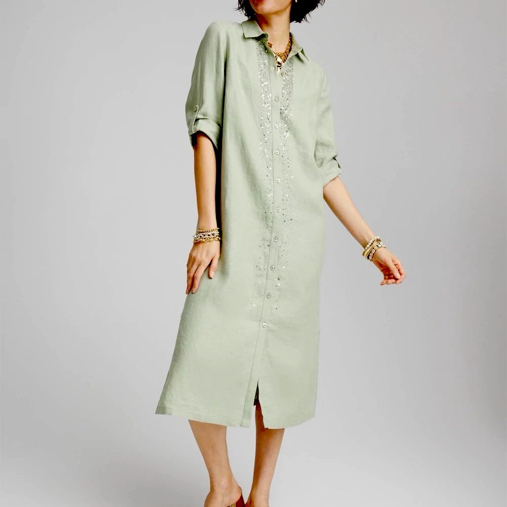 NEW with tags CHICOS Sage Green Linen Embellished Button-Up Midi Dress Size 6